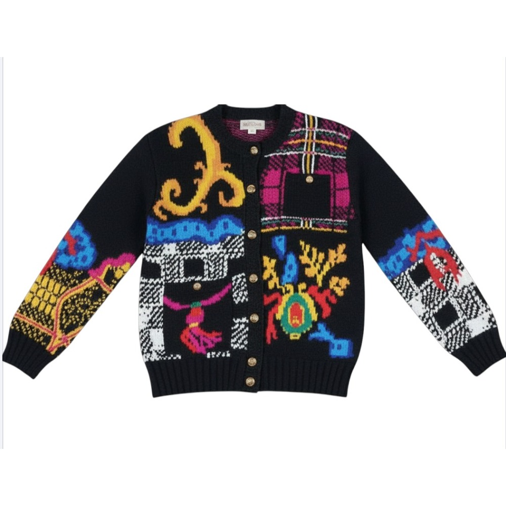 VTG 1992 Susan Bristol Sweater Cardigan BLACK/MULTI-COLOR Playful Pattern SIZE M